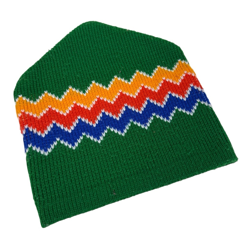 Vintage Green Knit Hat with Multicolor Zigzag